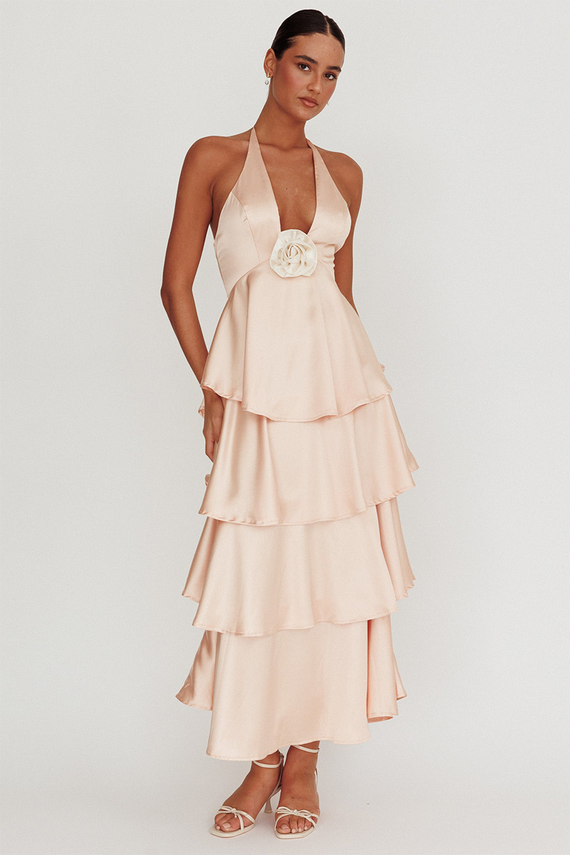 Tiered Ruffled Hem 3D Flower Decor Halter Midi Dresses-Champagne-Hayhty.All Rights Reserved.