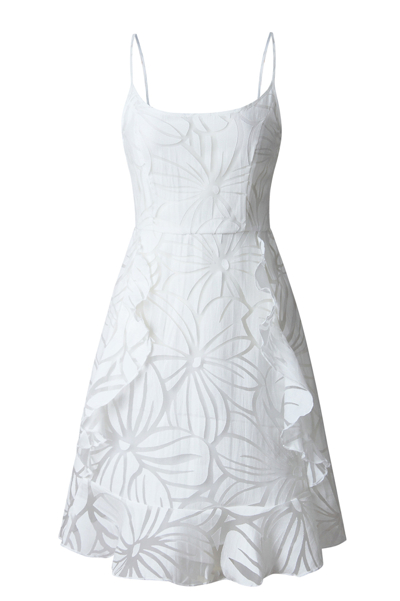 White Boat Neck Jacquard Ruffle Hem Slim A-line Slip Mini Dresses-Hayhty.All Rights Reserved.