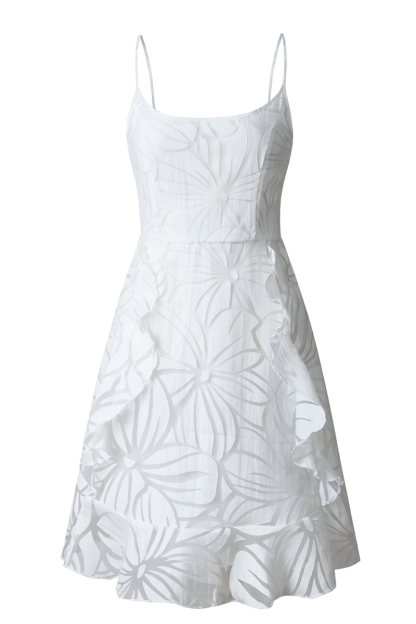 White Boat Neck Jacquard Ruffle Hem Slim A-line Slip Mini Dresses-Hayhty.All Rights Reserved.