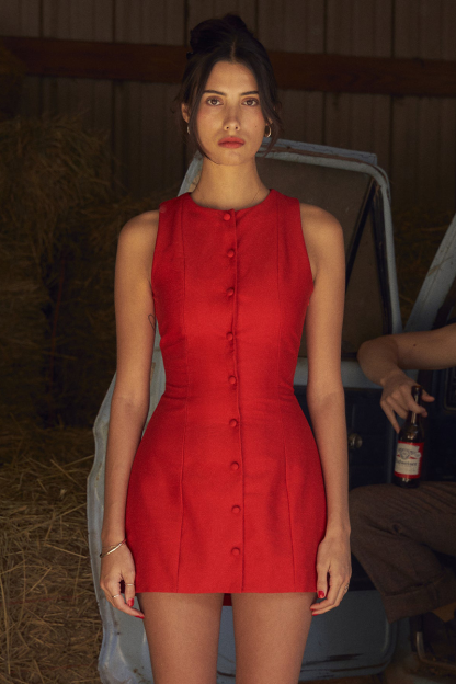 Round Neck Button Up Bodycon Plain Mini Tank Dresses-Red-Hayhty.All Rights Reserved.