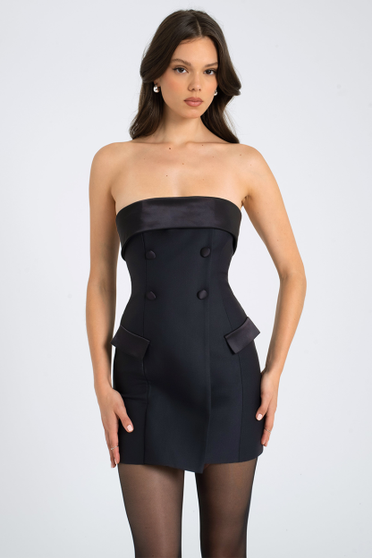 Boat Neck Strapless Double-Breasted Bodycon Mini Dresses-Black-Hayhty.All Rights Reserved.