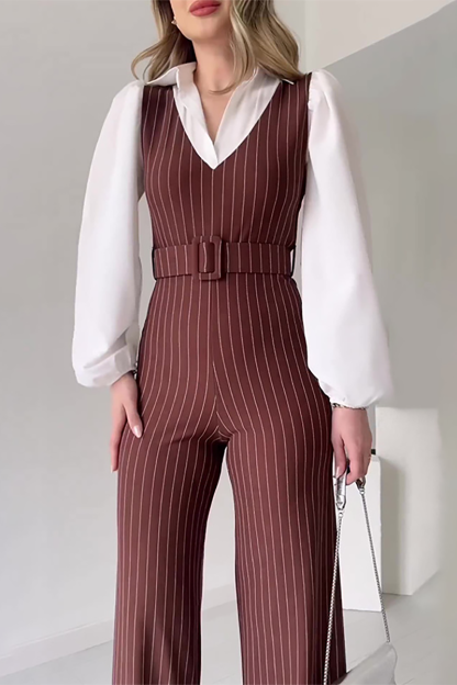 Striped Print Patchwork Lantern Sleeve Wide Leg Jumpsuit-Navy-Hayhty.All Rights Reserved.