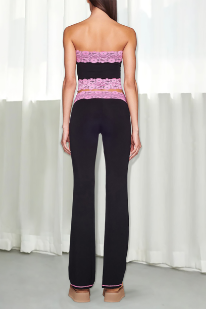 Lace Patchwork Crop Tube Top Micro-Flared Pants Matching Set-Black-Hayhty.All Rights Reserved.