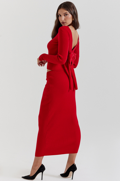 Pit Knit Long Sleeve Ribbon Back Crop Top Solid Midi Skirt Matching Set-Red-Hayhty.All Rights Reserved.