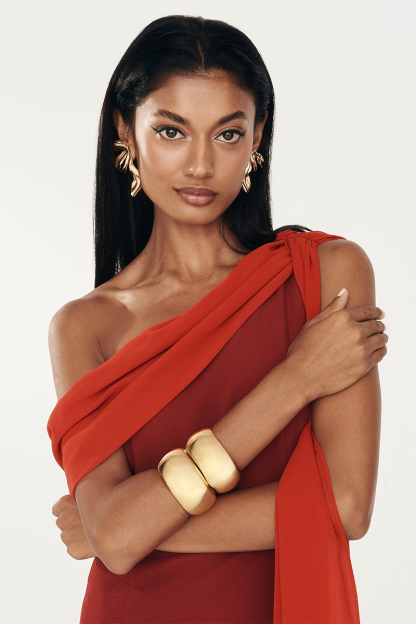 Skew Neck Side Streamer Slim Fit Two-Tone Midi Dresses-Red-Hayhty.All Rights Reserved.