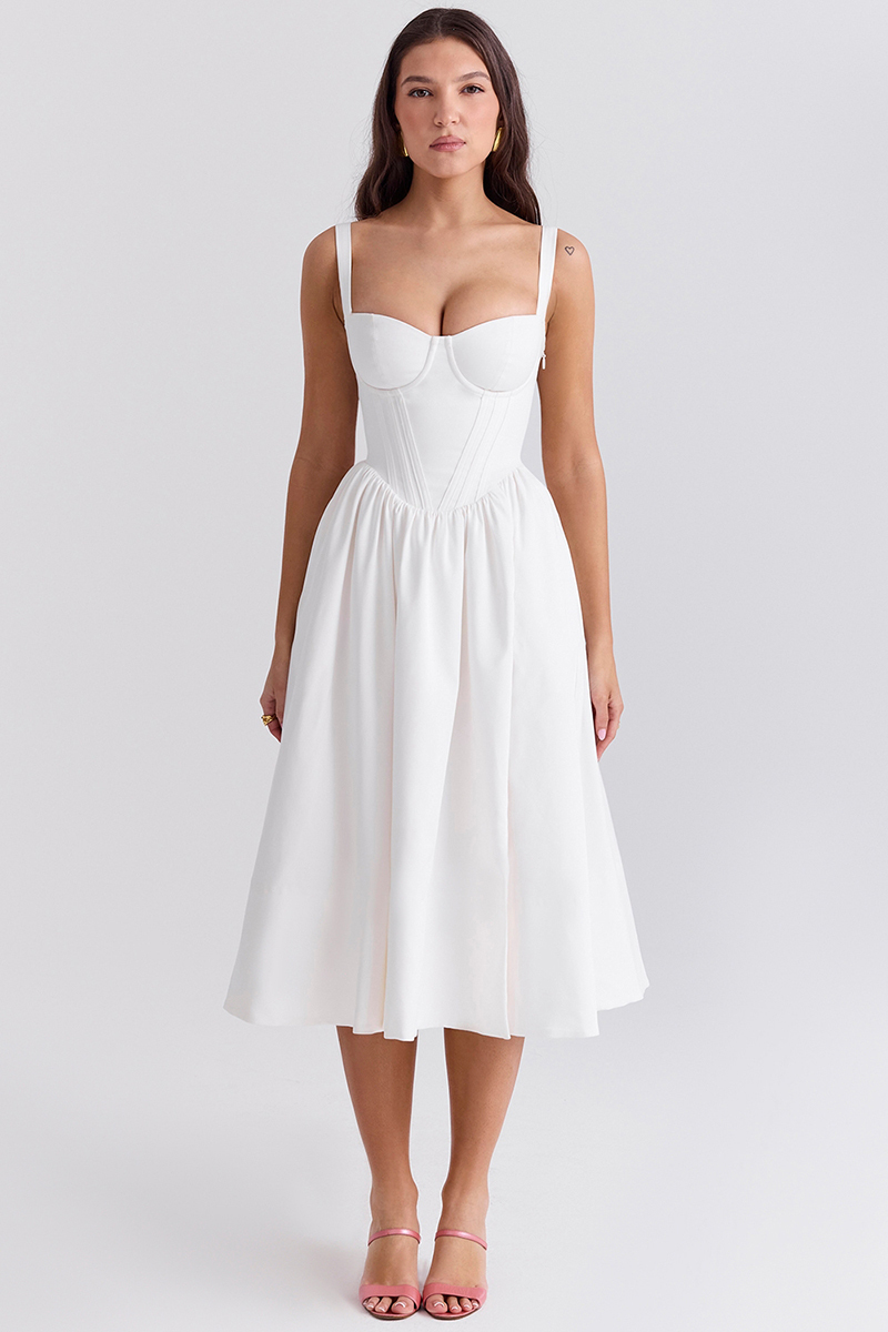 Spaghetti Strap Corset Lace Up Pocket Slit Midi Dresses-White-Hayhty.All Rights Reserved.