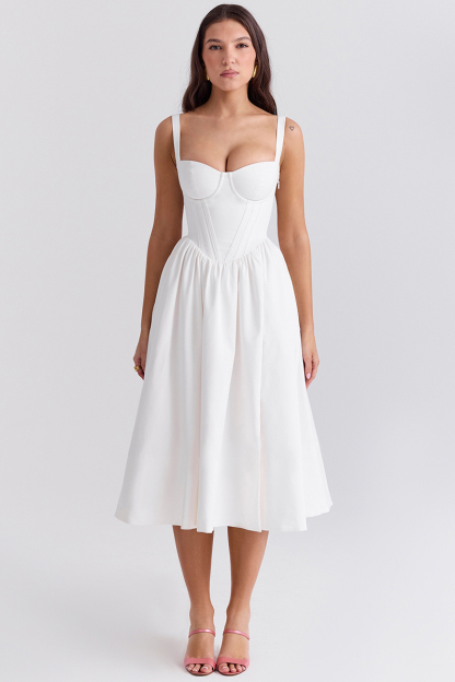 Spaghetti Strap Corset Lace Up Pocket Slit Midi Dresses-White-Hayhty.All Rights Reserved.