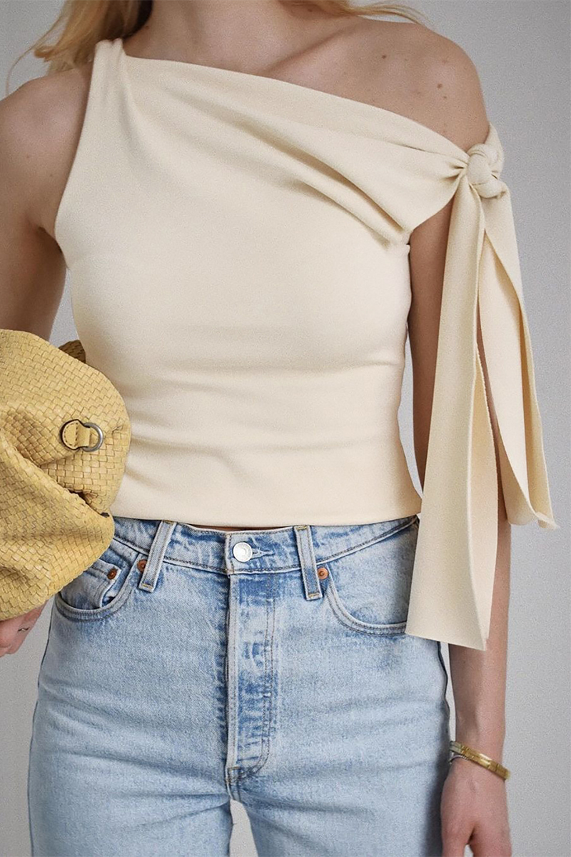 Skew Neck Asymmetric Streamer Solid Color Sleeveless Crop Top-Beige-Hayhty.All Rights Reserved.