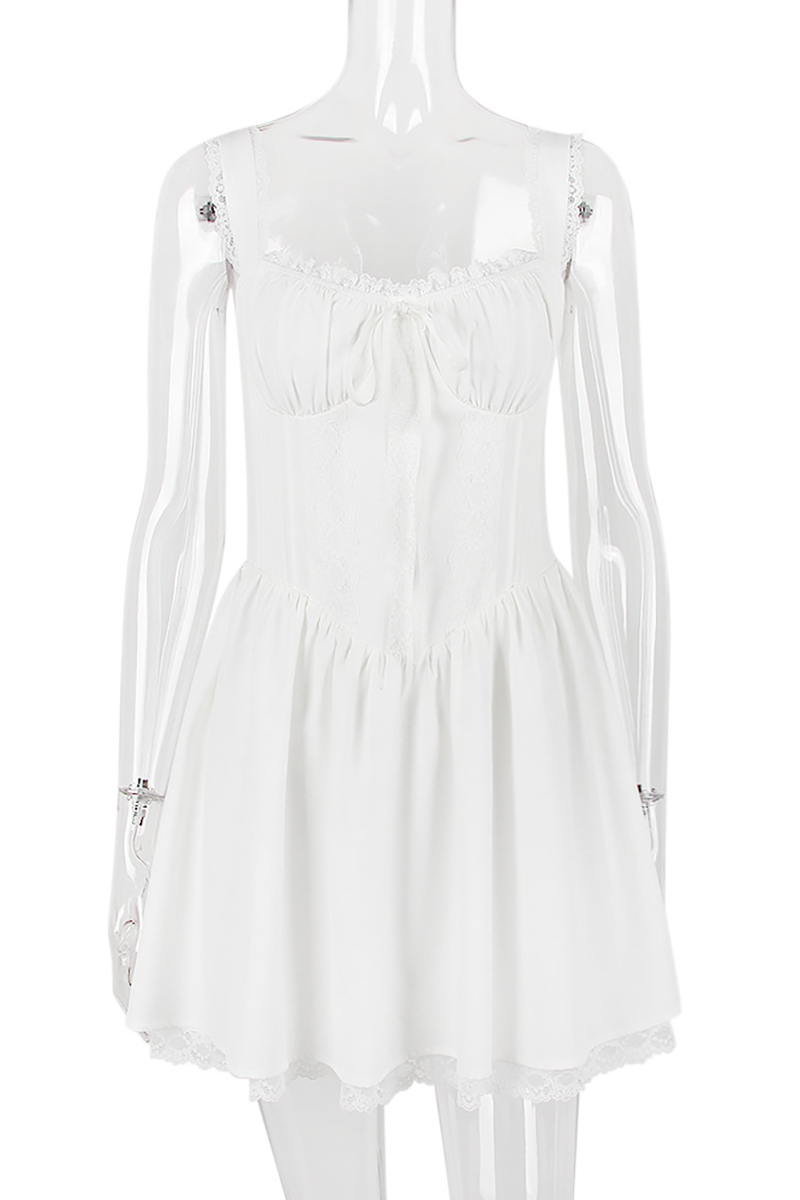 A-line White Boat Neck Tied Up Cami Backless Lace Up Pleated Embroidery Hem Mini Dresses-Hayhty.All Rights Reserved.
