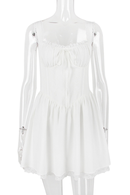 A-line White Boat Neck Tied Up Cami Backless Lace Up Pleated Embroidery Hem Mini Dresses-Hayhty.All Rights Reserved.