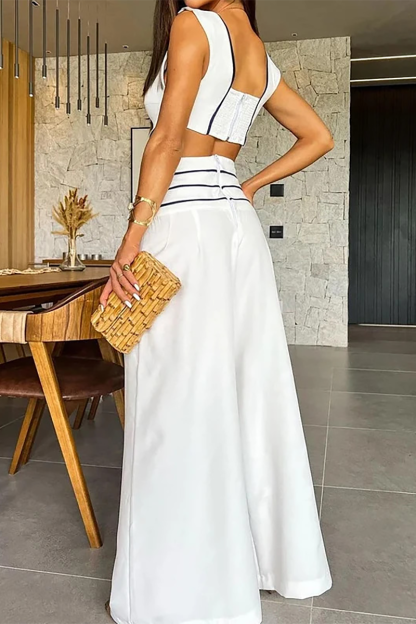 Contrast Binding Deep V Neck Crop Vest Wide Leg Pants Matching Set-White-Hayhty.All Rights Reserved.