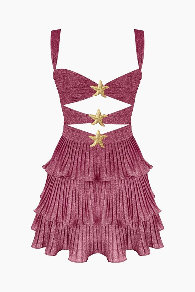 Metal Starfish Cutout Tiered Pleated Slip Mini Dresses-Fuchsia-Hayhty.All Rights Reserved.