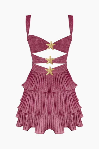 Metal Starfish Cutout Tiered Pleated Slip Mini Dresses-Fuchsia-Hayhty.All Rights Reserved.