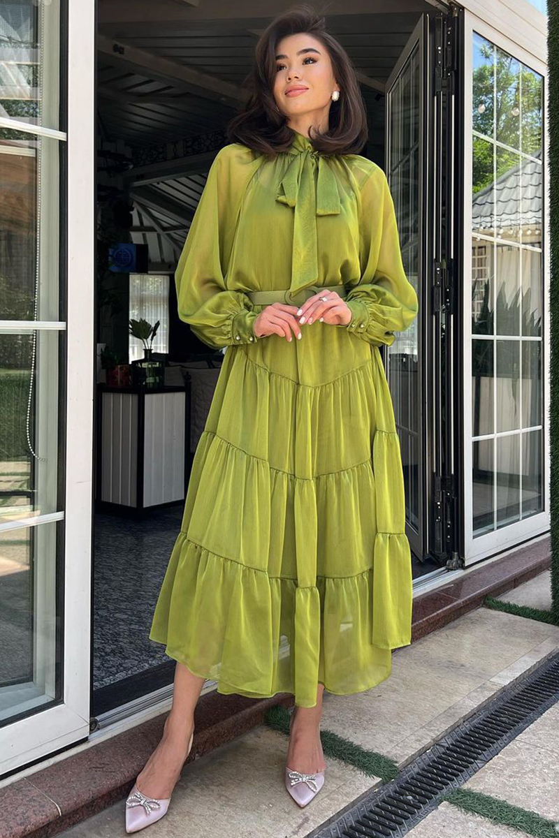 Long Bell Sleeve Mesh Knotted High Neckline Tiered Maxi Dresses-Hayhty.All Rights Reserved.