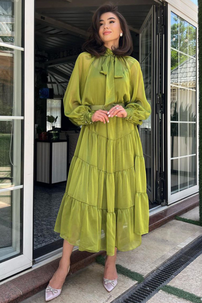 Long Bell Sleeve Mesh Knotted High Neckline Tiered Maxi Dresses-Hayhty.All Rights Reserved.