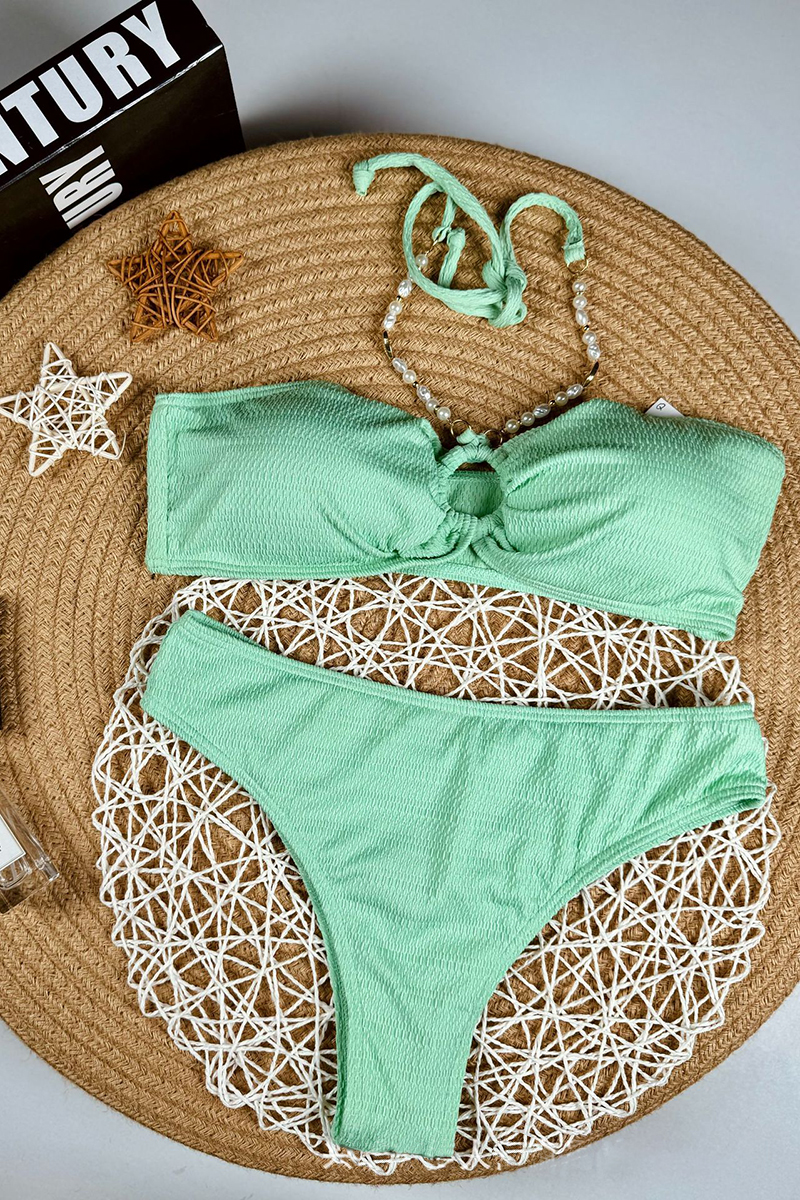 Pearls Chain Decor Halter Neck Ruched Bikini Two-Piece Set-Green-Hayhty.All Rights Reserved.