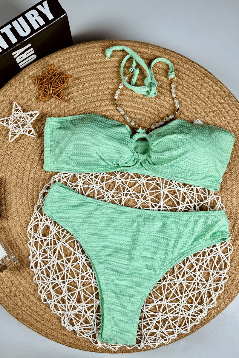 Pearls Chain Decor Halter Neck Ruched Bikini Two-Piece Set-Green-Hayhty.All Rights Reserved.