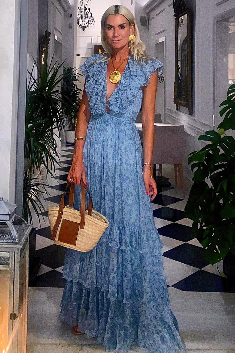 Ruffle V Neck Sleeveless Floral Print Party Maxi Tulle Dresses-Hayhty.All Rights Reserved.