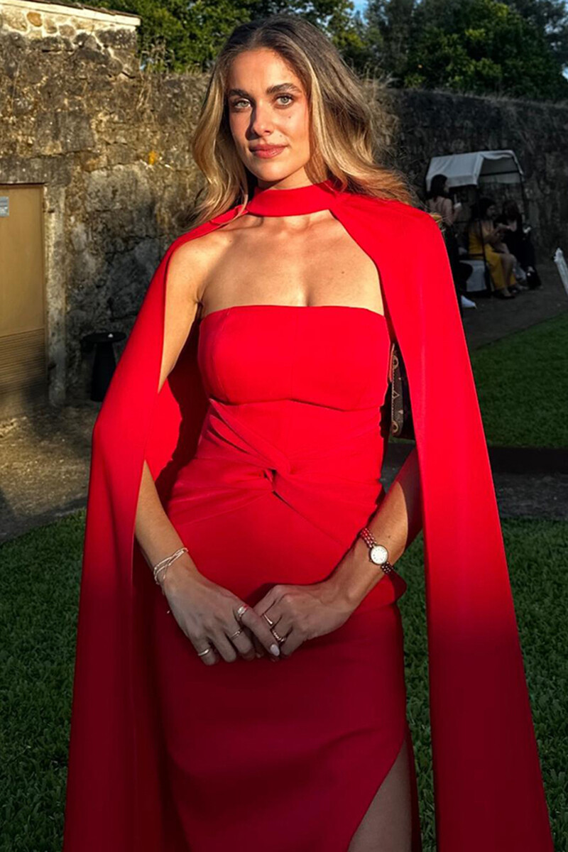 Strapless High Slit Maxi Dresses Halter Neck Cape 2pcs Set-Red-Hayhty.All Rights Reserved.