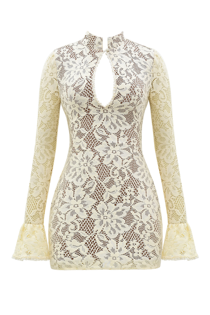 Mandarin Collar Cutout Flare Sleeve Floral Lace Mini Dresses-Ivory-Hayhty.All Rights Reserved.