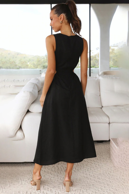 Boat Neck Cut Out A Line Sleeveless Midi Dress-Hayhty.All Rights Reserved.