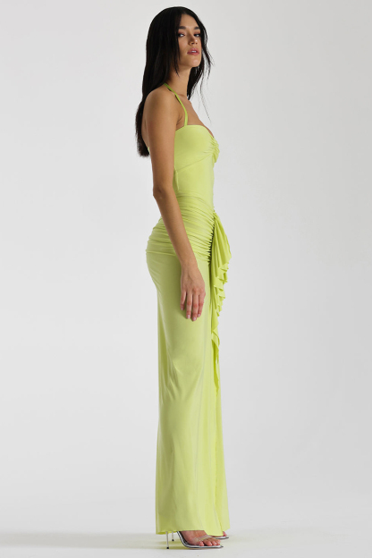 Ruched Ruffle Halter Slit Bodycon Evening Maxi Dresses-Hayhty.All Rights Reserved.