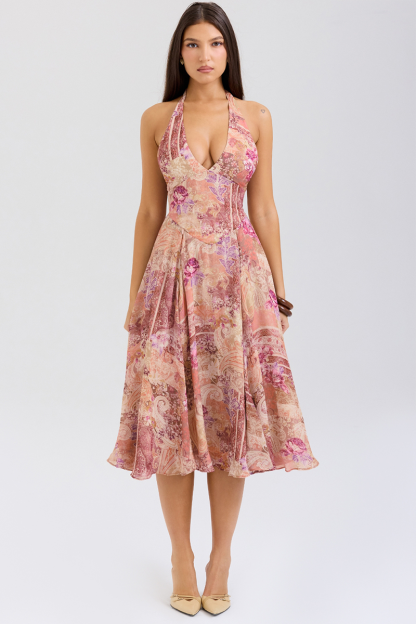 Floral Paisley Mixed Print Cinch Waist Halter Midi Dresses-Purple-Hayhty.All Rights Reserved.