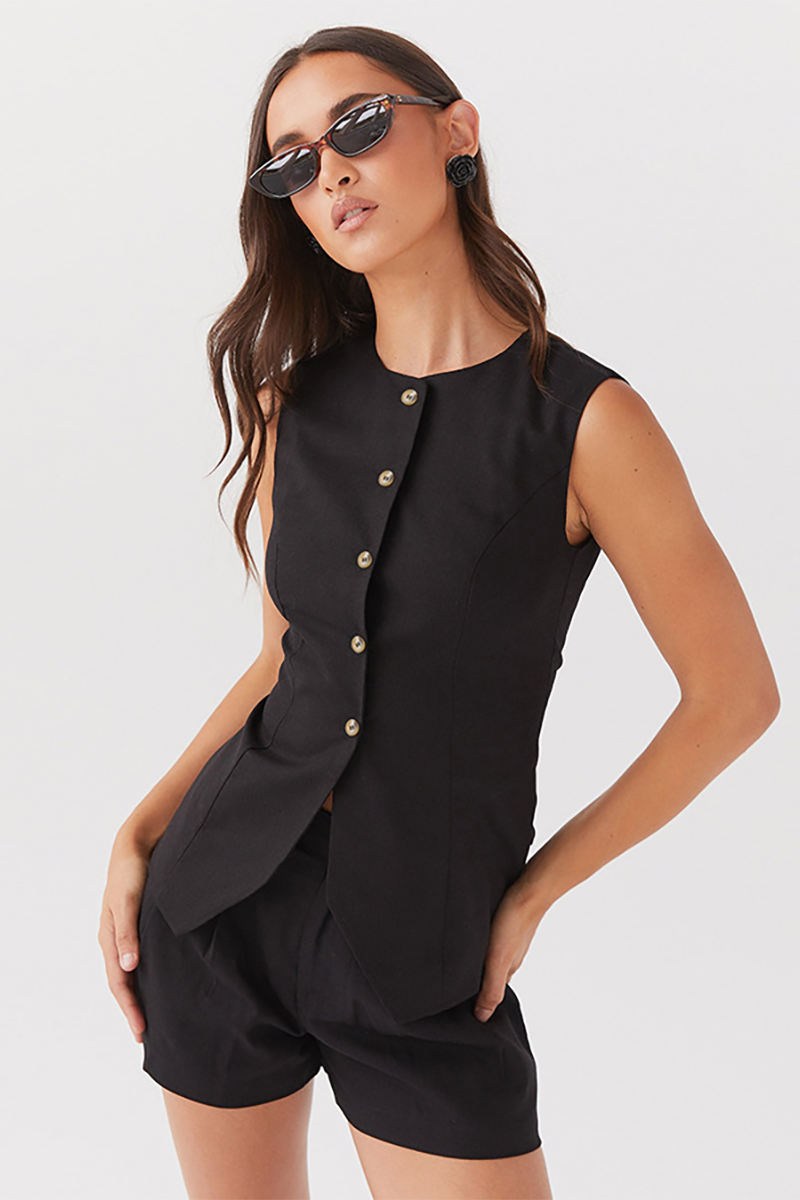 Round Neck Cinch Waist Button Up Vest Plain Shorts Matching Set-Black-Hayhty.All Rights Reserved.