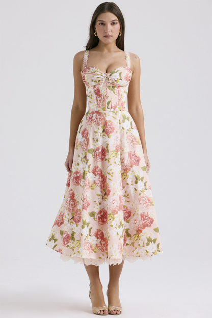 Floral Print Front Tie Up Corset A-Line Garden Party Slip Midi Dresses-Pink-Hayhty.All Rights Reserved.