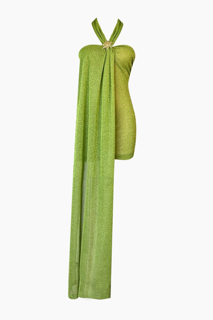 Asymmetrical Overlay Halter Shimmery Irregular Maxi Dresses-Green-Hayhty.All Rights Reserved.