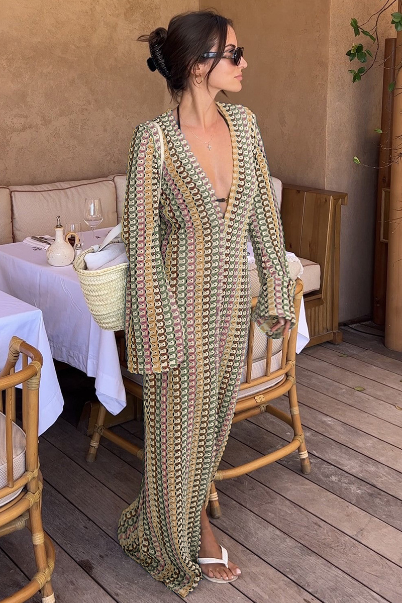 Crochet Abstract Striped Pattern Deep V Neck Flare Sleeve Slit Maxi Dresses-Green-Hayhty.All Rights Reserved.