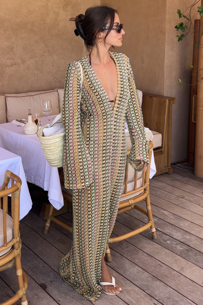 Crochet Abstract Striped Pattern Deep V Neck Flare Sleeve Slit Maxi Dresses-Green-Hayhty.All Rights Reserved.