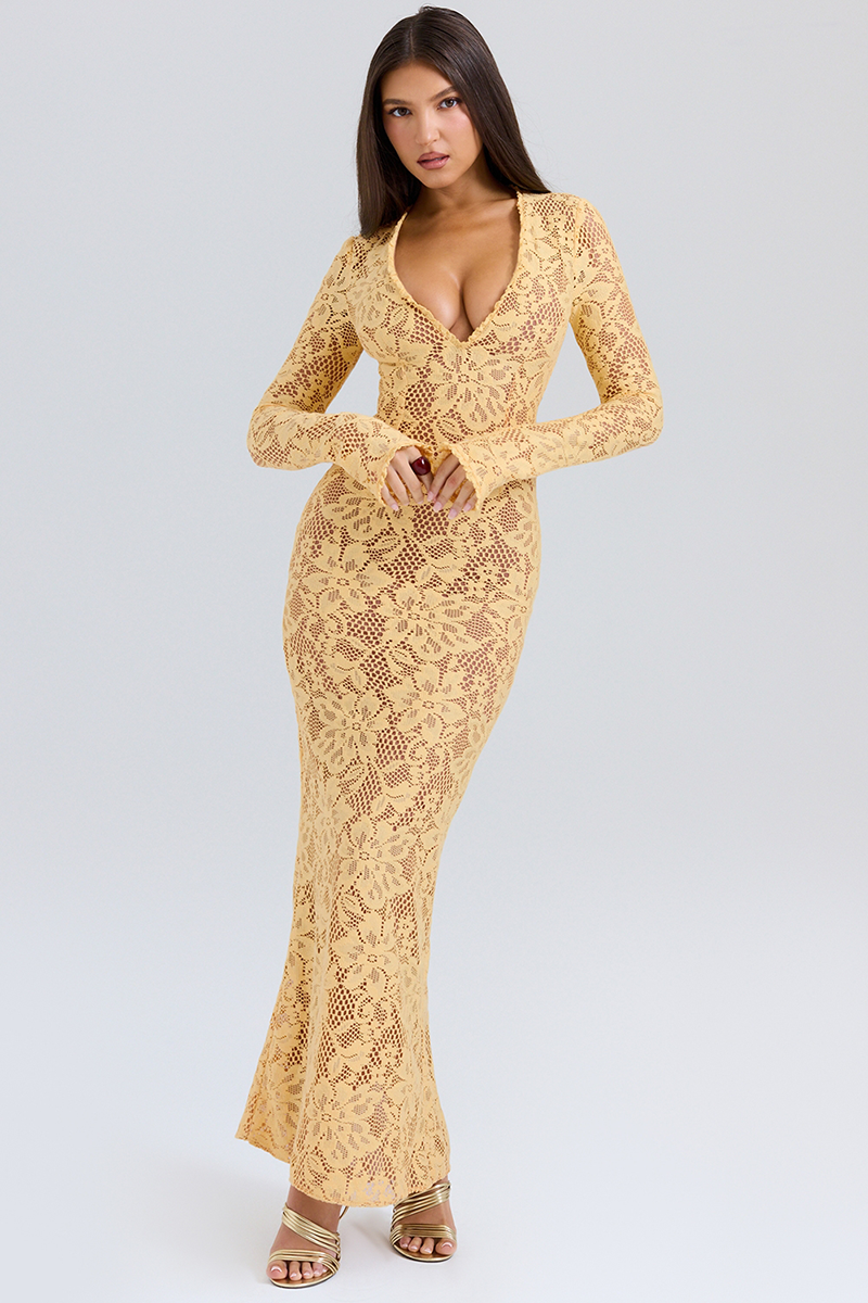 Floral Lace Deep V Neck Long Sleeve Slit Hem Maxi Dresses-Yellow-Hayhty.All Rights Reserved.