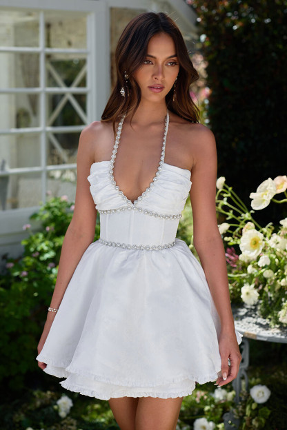 Rhinestone Pearls Trim Halter Corset A-Line Mini Dresses-White-Hayhty.All Rights Reserved.