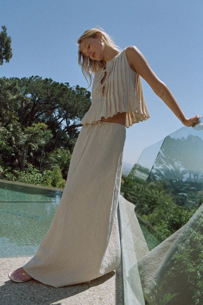 Tie Up Ruffled Sleeveless Top Solid Color Maxi Skirt Matching Set-White-Hayhty.All Rights Reserved.