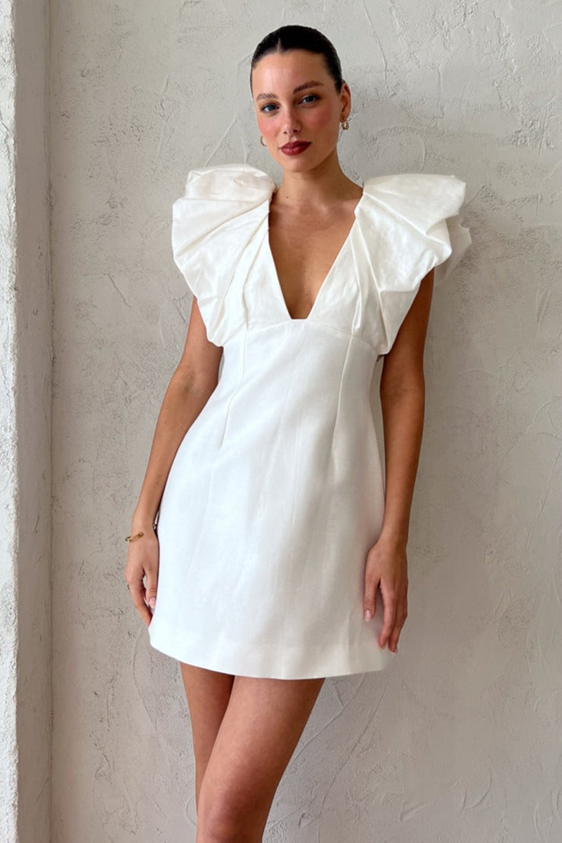 Deep V Neck Ruffle Short Sleeve Slim Satin Birthday Party White Mini Dresses-Hayhty.All Rights Reserved.