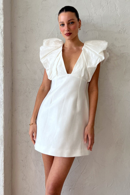 Deep V Neck Ruffle Short Sleeve Slim Satin Birthday Party White Mini Dresses-Hayhty.All Rights Reserved.