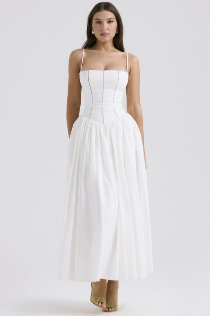 Spaghetti Strap Boat Neck Cinch Waist Pleated Hem Maxi Dresses-White-Hayhty.All Rights Reserved.