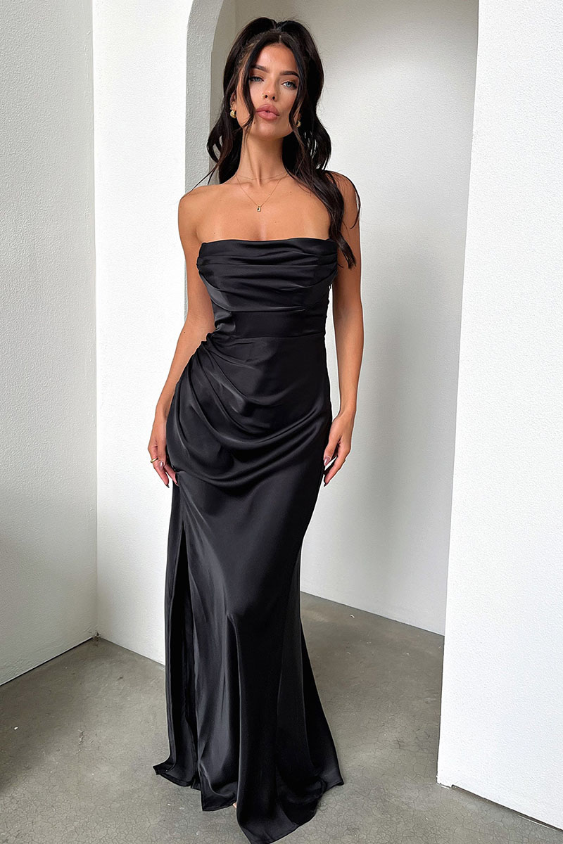 Ruched Strapless Boat Neck Bodycon High Slit Gowns Maxi Dresses-Hayhty.All Rights Reserved.