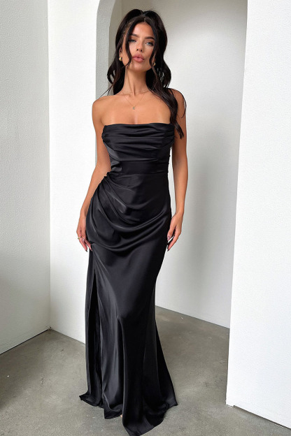 Ruched Strapless Boat Neck Bodycon High Slit Gowns Maxi Dresses-Hayhty.All Rights Reserved.