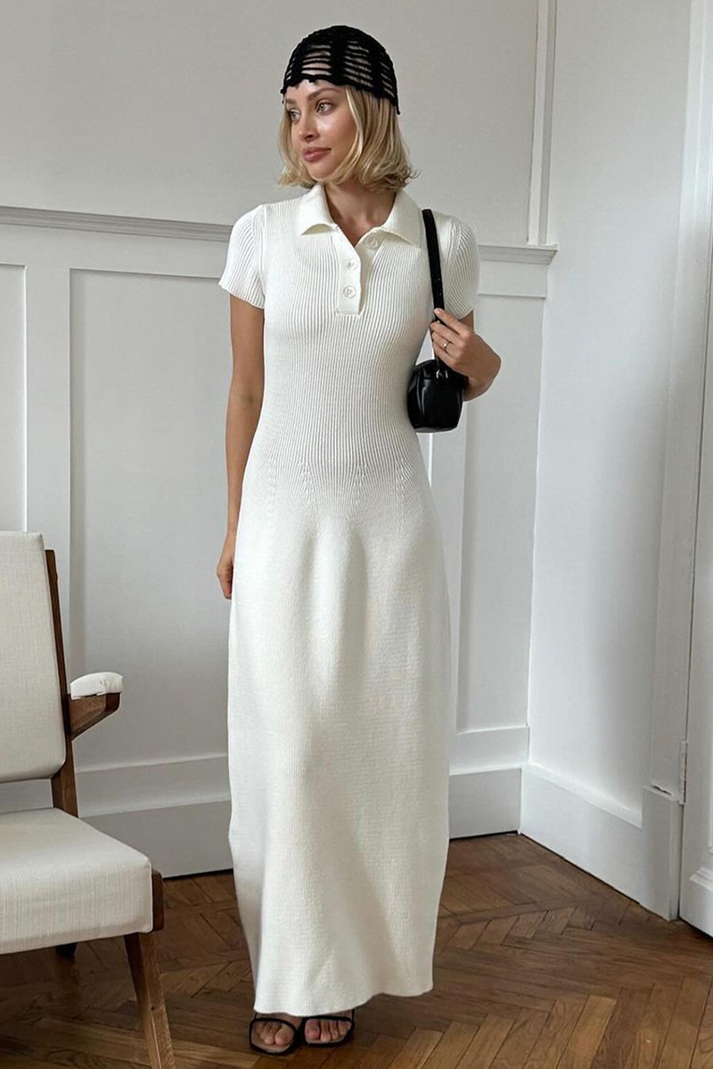 Knit Turndown Collar Short Sleeve Solid Color Maxi Dresses-White-Hayhty.All Rights Reserved.
