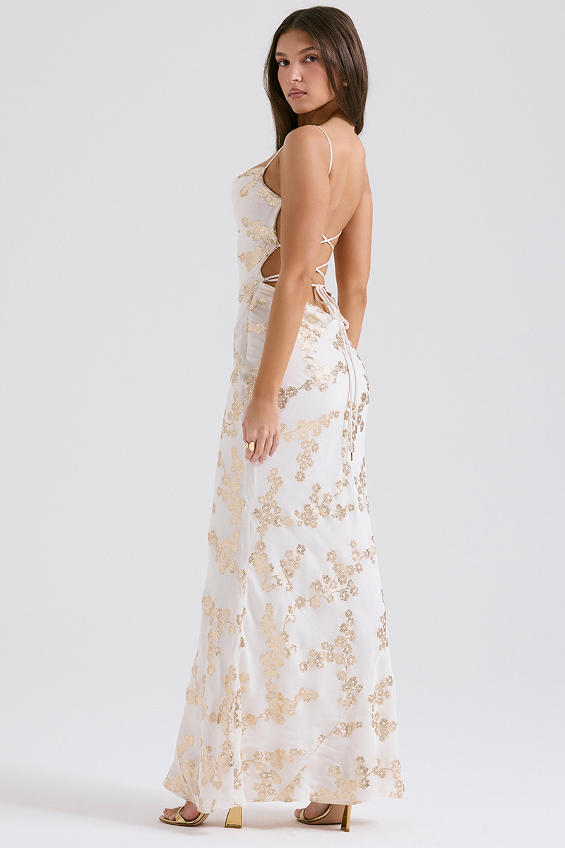 Shimmering Floral Pattern Lace Up Backless Fishtail Hem Slip Maxi Dresses-White-Hayhty.All Rights Reserved.