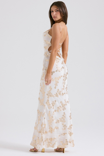 Shimmering Floral Pattern Lace Up Backless Fishtail Hem Slip Maxi Dresses-White-Hayhty.All Rights Reserved.
