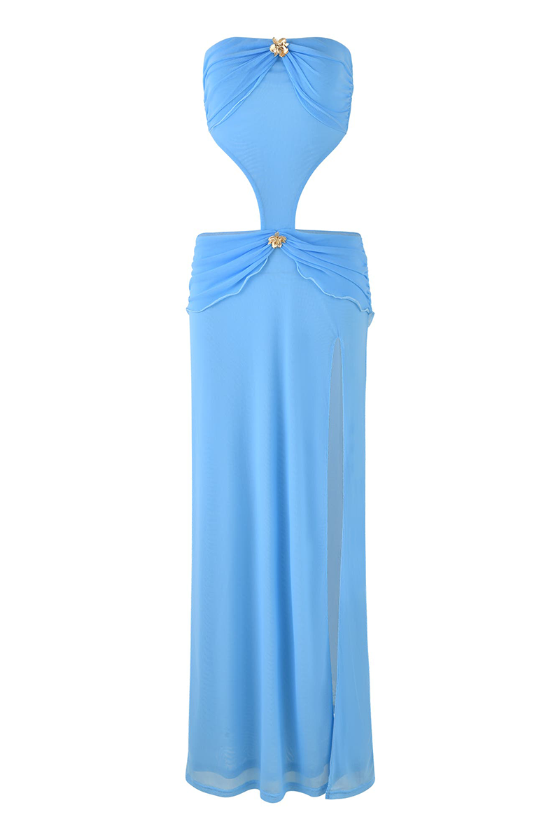 Ruched Metal Decor Cutout High Slit Strapless Maxi Dresses-Blue-Hayhty.All Rights Reserved.