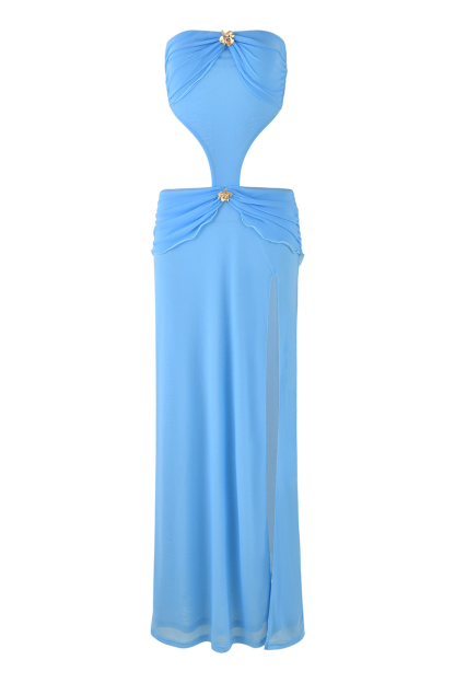 Ruched Metal Decor Cutout High Slit Strapless Maxi Dresses-Blue-Hayhty.All Rights Reserved.