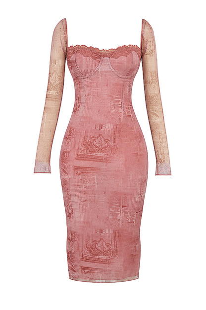 Mesh Pattern Print Square Neck Corset Long Sleeve Slim Fit Midi Dresses - Red-Hayhty.All Rights Reserved.
