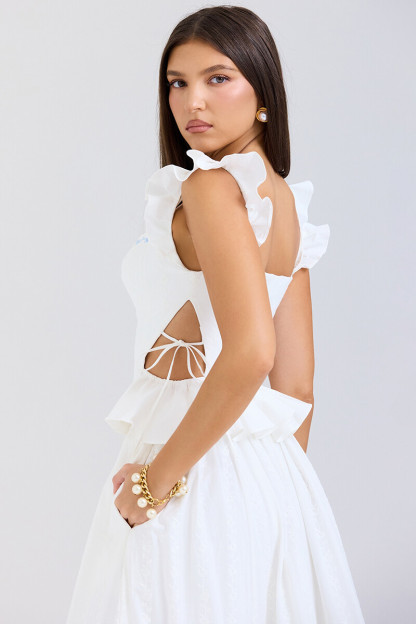 Side Cutout Embroidery Ruffled Corset Midi Skirt 2pcs Set-White-Hayhty.All Rights Reserved.