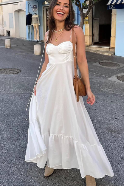 Tie Up Shoulder Straps Solid Color A-Line Flowy Maxi Dresses-White-Hayhty.All Rights Reserved.