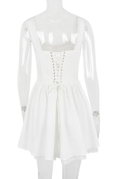 A-line White Boat Neck Tied Up Cami Backless Lace Up Pleated Embroidery Hem Mini Dresses-Hayhty.All Rights Reserved.