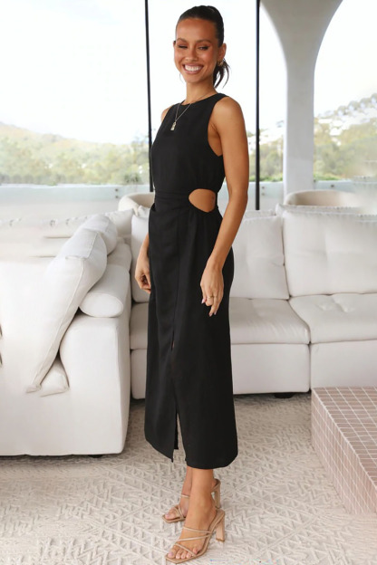 Boat Neck Cut Out A Line Sleeveless Midi Dress-Hayhty.All Rights Reserved.